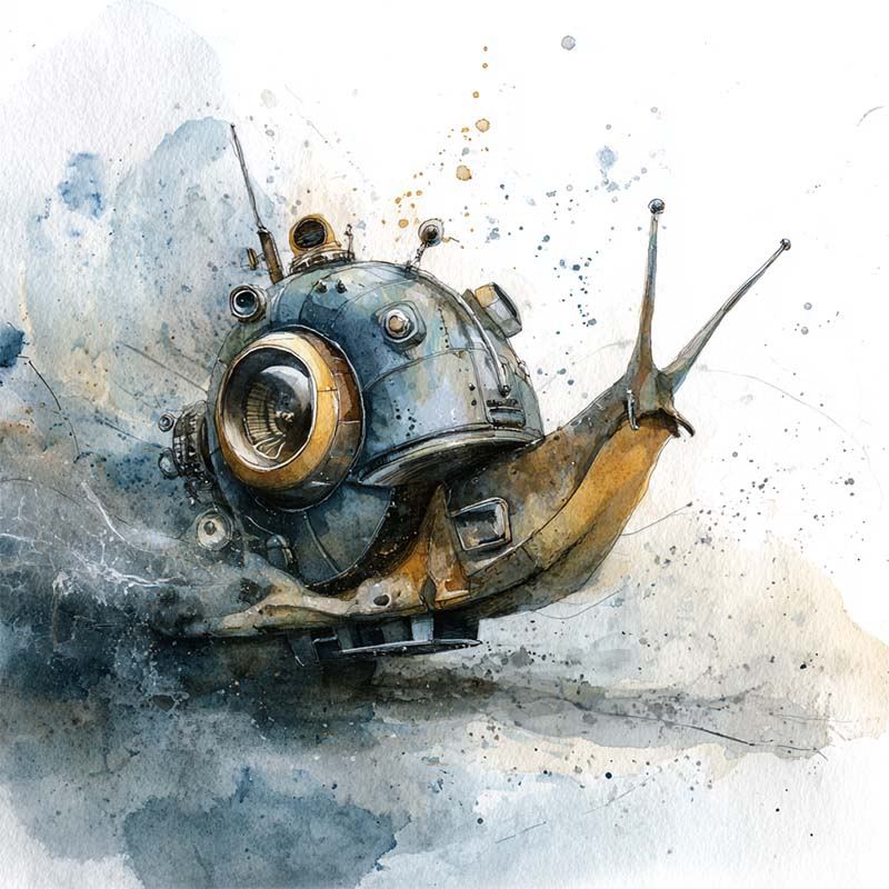 A watercolor painting of a snail with a metallic, steampunk-style shell featuring gears, bolts, and a glass window, blending organic and mechanical elements against a textured, abstract background.