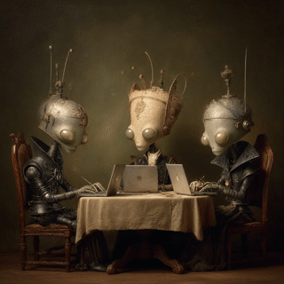 story ideas Three insect-like robots with large eyes and antennas sit around a table, each using a laptop. The setting is dimly lit and vintage, with a beige tablecloth and wooden chairs.