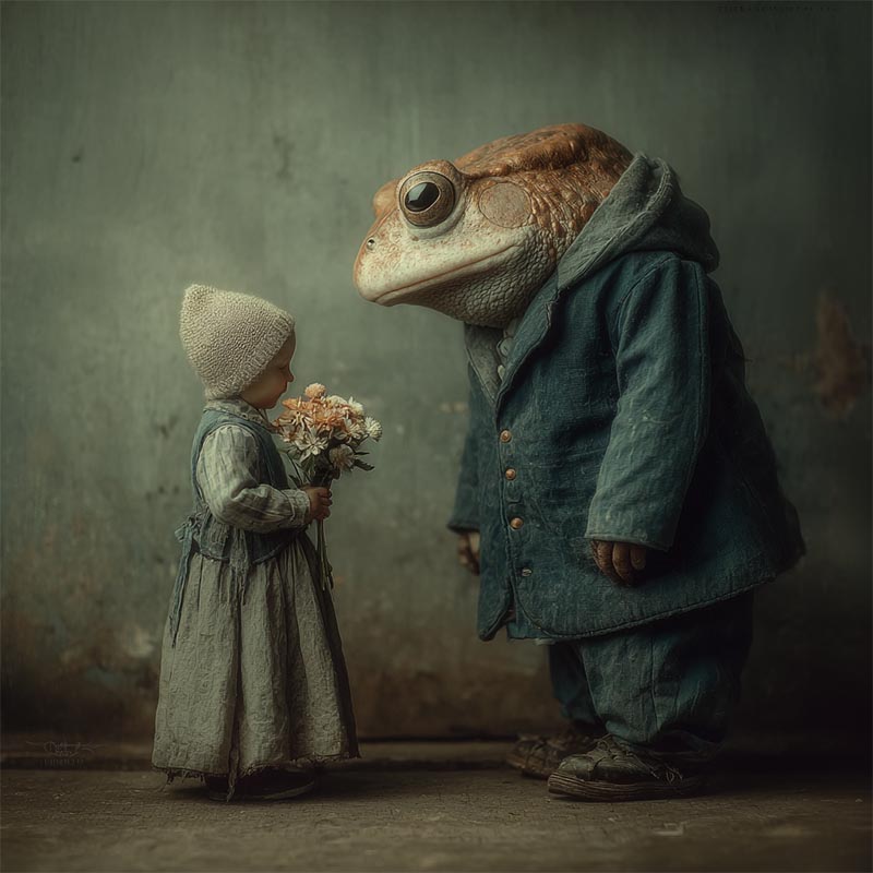 A child in vintage clothing and a knit cap holds a bouquet of flowers, facing a large anthropomorphic frog wearing a blue coat. They stand indoors against a worn, textured wall.