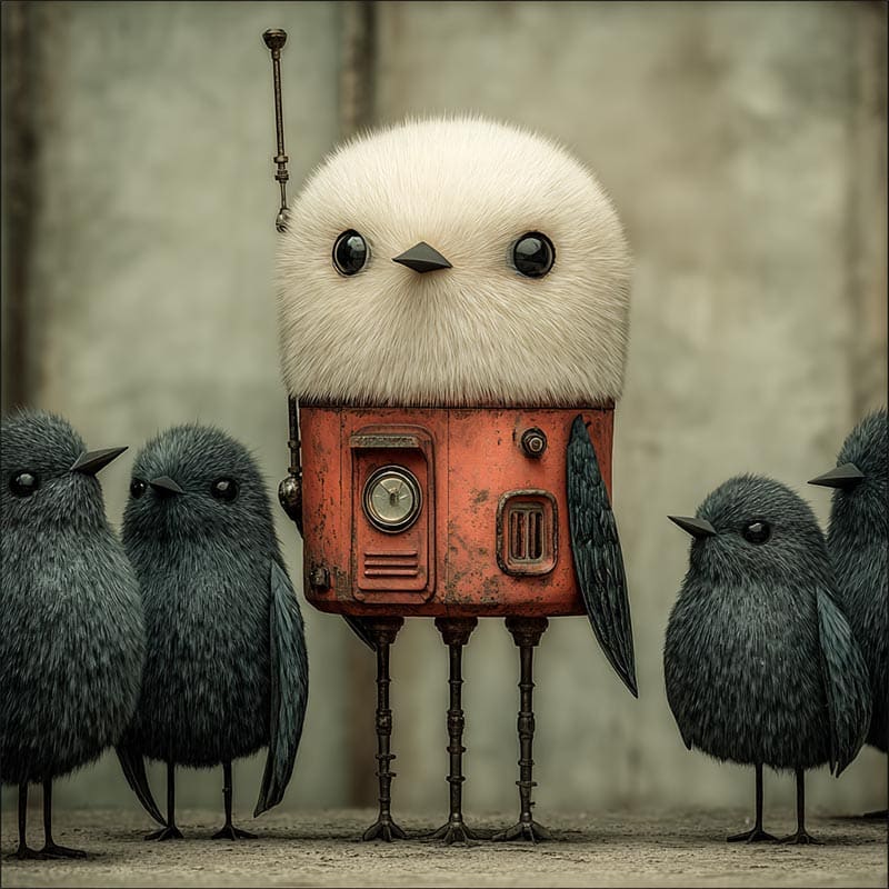 A fluffy white bird with a red, mechanical robot body and metal legs stands among ordinary black birds, blending cute and robotic features in a whimsical setting.
