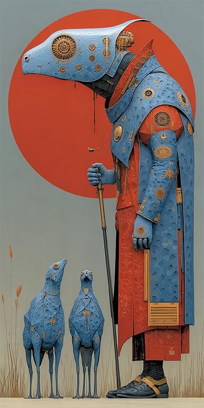 story ideas A humanoid figure with a blue, mechanical animal head and ornate red and blue robe stands with a staff, accompanied by two small, blue, bird-like creatures. A large red sun is in the background against a muted sky.