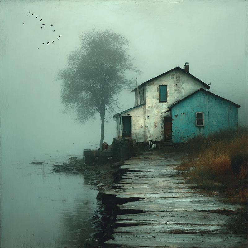 story ideas A weathered house with blue and white walls stands by a misty lake. A stone path leads to the water, a single tree towers beside the house, and birds fly in the foggy, overcast sky. story ideas A weathered house with blue and white walls stands by a misty lake. A stone path leads to the water, a single tree towers beside the house, and birds fly in the foggy, overcast sky.