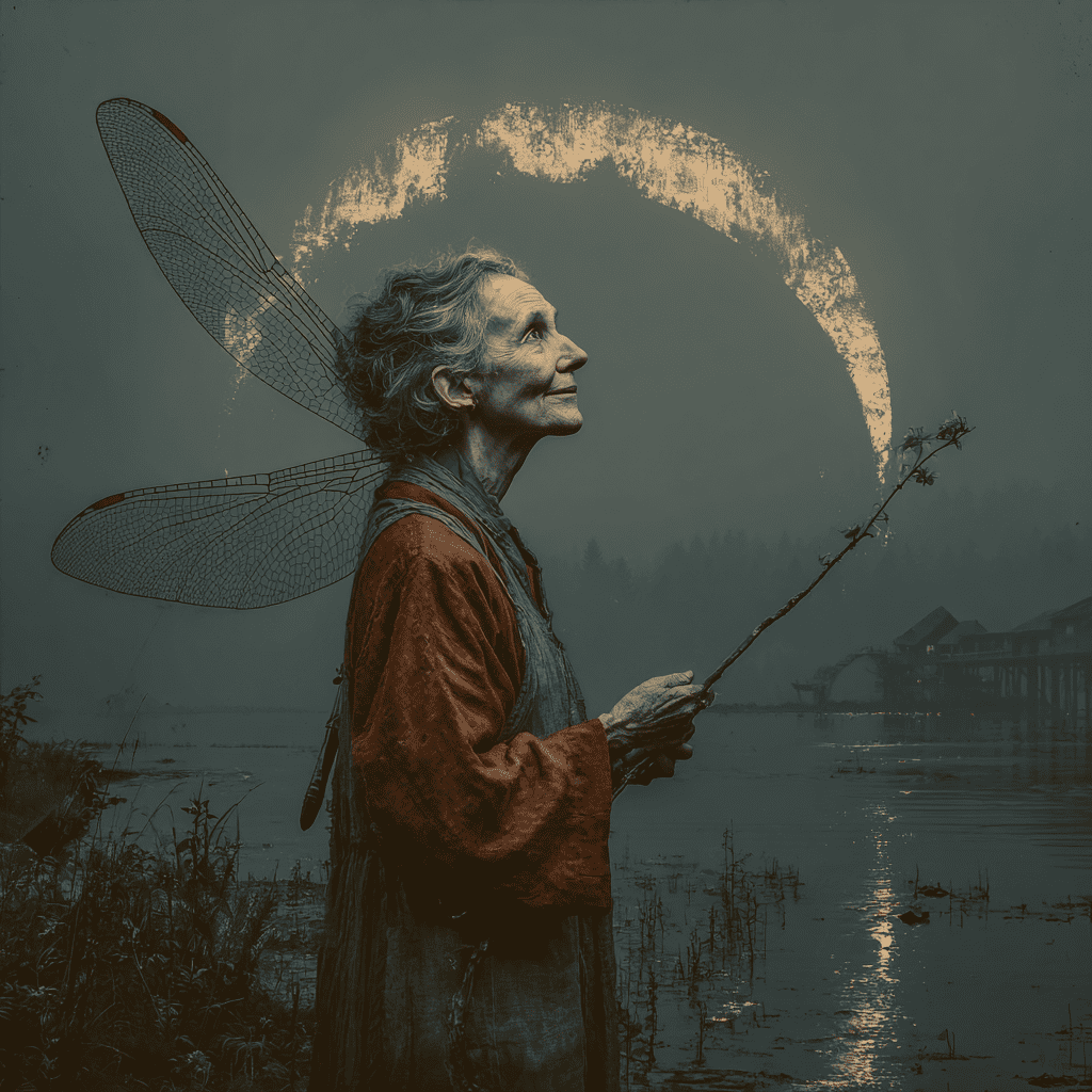 story ideas An elderly woman with dragonfly wings holds a wand by a misty lakeshore at dusk, with a large glowing moon in the background and dark silhouettes of trees and houses across the water.