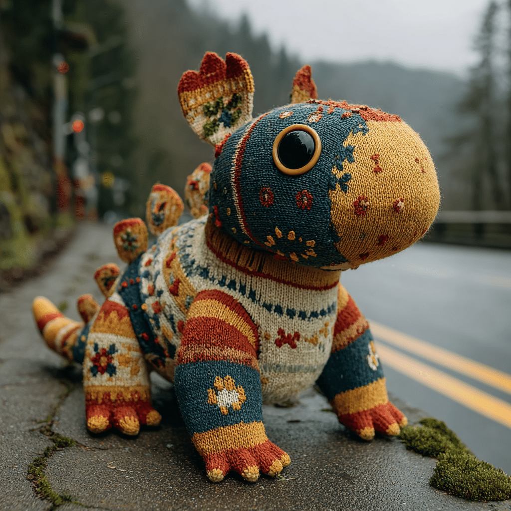 story ideas A colorful, knitted dinosaur plush toy with big round eyes sits on a damp sidewalk next to a road, surrounded by misty, forested hills.