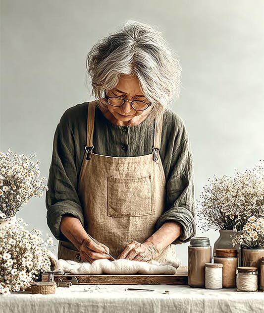 Story Started Ideas: An elderly woman with gray hair and glasses, wearing an apron, works with fabric on a table. She is surrounded by jars, spools of thread, and vases of white wildflowers against a neutral background. Story Started Ideas: An elderly woman with gray hair and glasses, wearing an apron, works with fabric on a table. She is surrounded by jars, spools of thread, and vases of white wildflowers against a neutral background.