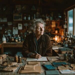 Story Starter Ideas: An elderly woman with curly gray hair sits at a cluttered wooden desk in a cozy, dimly lit workshop, looking thoughtfully out a window while holding a pencil over a notebook, surrounded by papers and art supplies.