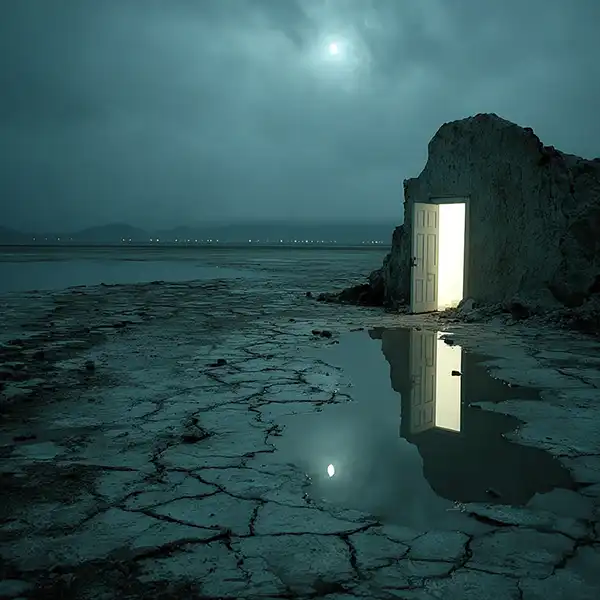 Story Starter Ideas: A glowing door stands alone in a crumbling wall on cracked, barren ground under a moonlit, cloudy sky, its light reflecting in a puddle nearby.