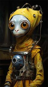 Story Starter Ideas: A humanoid alien with large, round eyes and pale blue skin wears a yellow hooded outfit and has mechanical components and wires attached to its chest and head, suggesting a blend of organic and robotic elements.