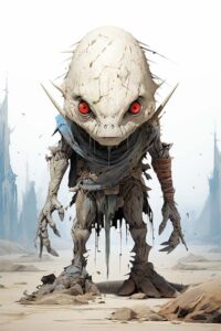 Story Starter Ideas: A humanoid creature with a large, cracked, egg-shaped head, glowing red eyes, and tattered clothing stands in a desolate, sandy landscape with jagged rock formations in the background.